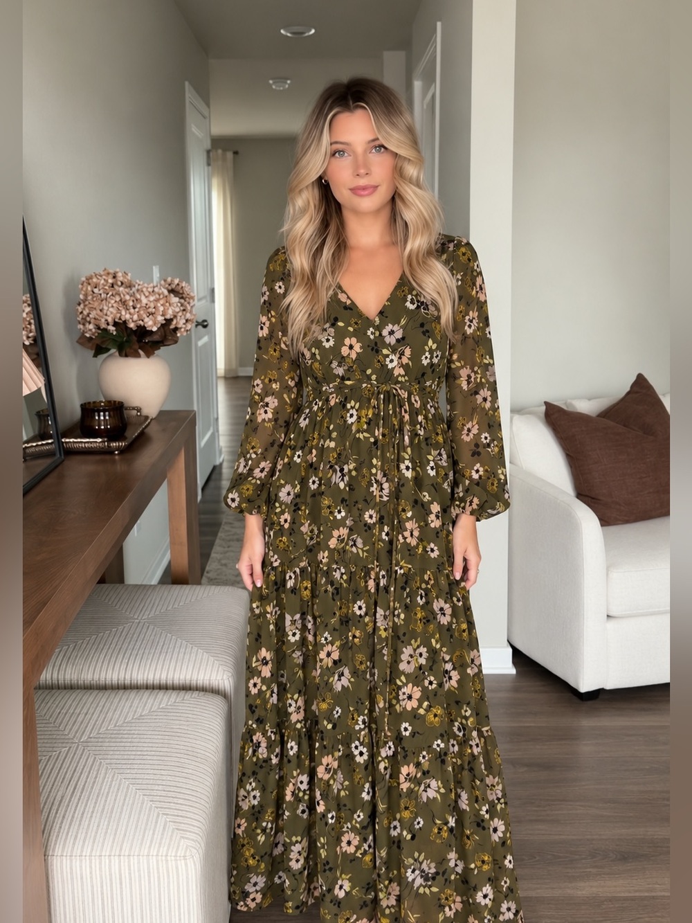 Madewell Olive Garden Fall Floral Maxi Sheer Sleeves Flowy Small